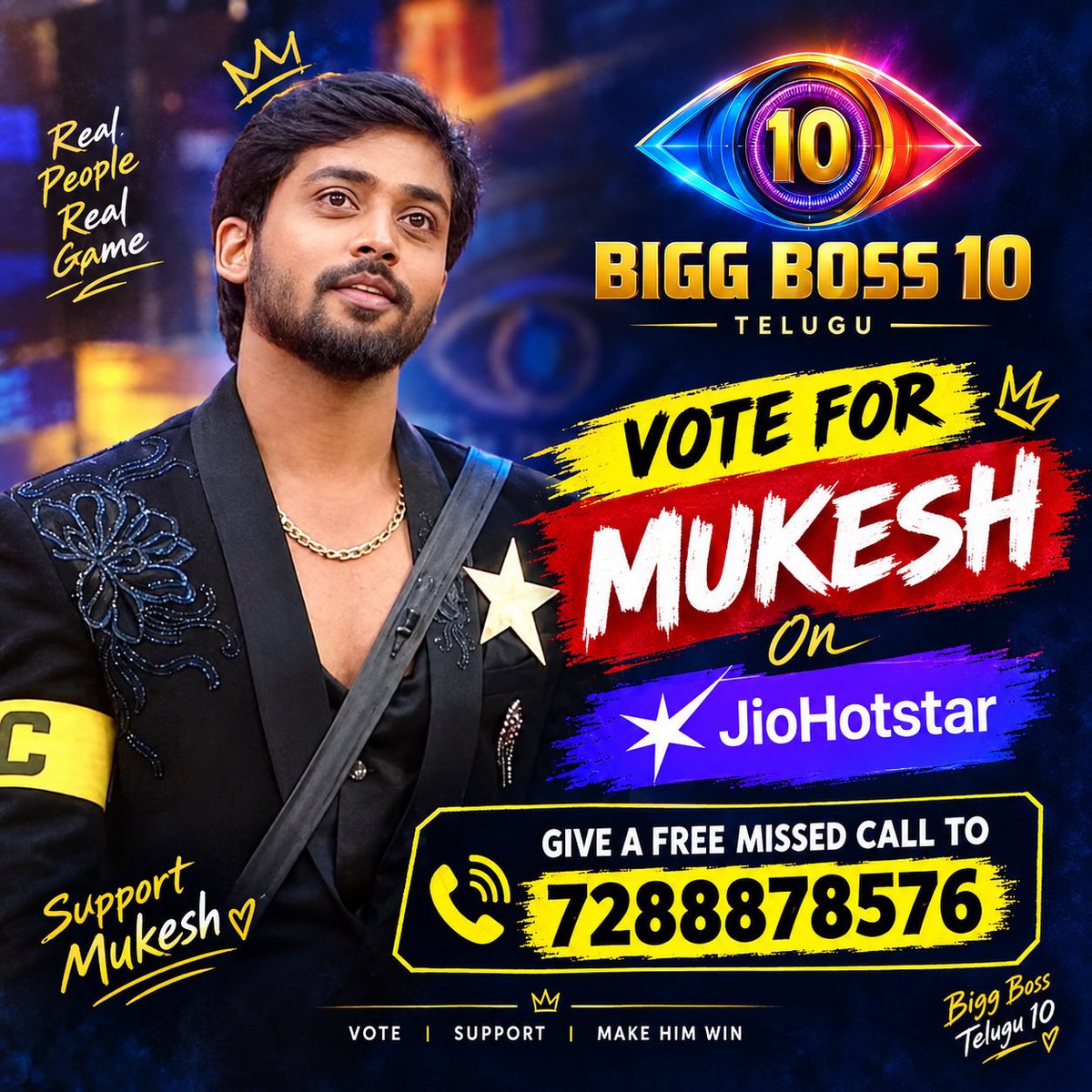 honey16150honey's tweet photo. Let’s turn our support into votes and show everyone the power of the Mukesh Army❤️‍🔥

👉 Vote for Mukesh in Jio Hotstar
📞 Give a missed call to 7288878576

#MukeshGowda
#BiggbossTelugu10 #Biggboss10Telugu https://t.co/lR64Do1QyL