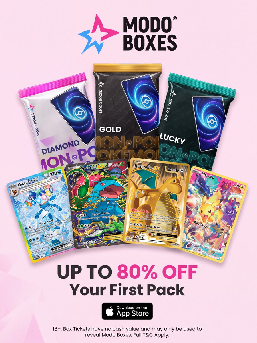 ModoBoxes's tweet photo. Up to 80% off your first pack at Modo Boxes. 👀

Diamond. Gold. Lucky. Cards worth chasing, all inside.

#ModoBoxes #Pokemon https://t.co/tkf4cgPmAk