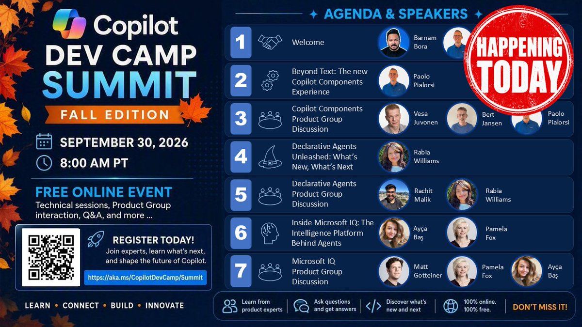 Microsoft365Dev's tweet photo. π¨ Today's the day!
The #CopilotDevCamp Summit Fall Edition starts at 8 AM PT!
If you're building with Microsoft 365 Copilot, you can't miss this event.
ποΈ Register: https://t.co/txcTzx8PCS
#AI #Agents #Developers #CopilotDevCamp #Makers #TechCommunity #Microsoft365Copilot https://t.co/BCZLaWLZQR