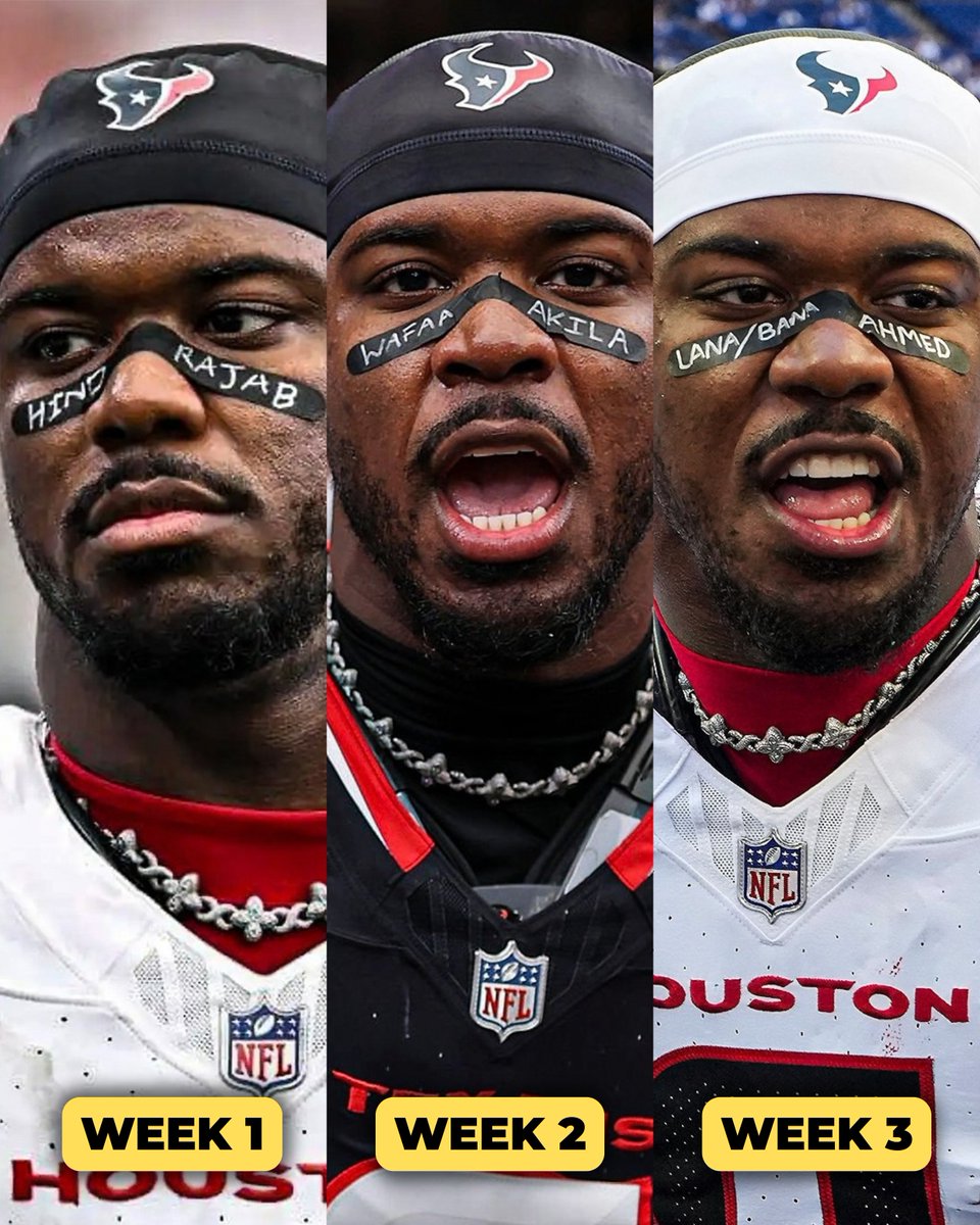 WearThePeaceCo's tweet photo. Week one: NFL star Azeez Al-Shaair wore “Hind Rajab” eye black and was fined $11,941 by the NFL. 

Week two: He wore “Wafaa Akila” eye black, another Palestinian child murdered by Israel, and was told to remove her name or he would not be allowed to play. 

Week three: He wore “Lana/Bana Ahmed” black tape, two sisters murdered by Israel. 

Free Palestine 🇵🇸