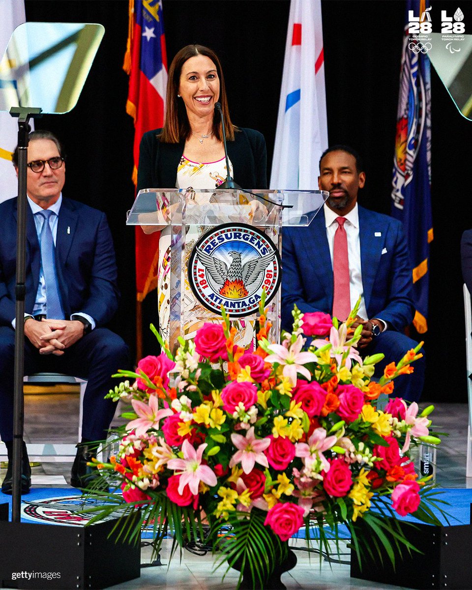 LA28's tweet photo. A warm welcome in Atlanta! 🔥 In 2028, the Olympic &amp; Paralympic Torch Relays are coming back to the U.S. and it all starts in Atlanta. This morning we celebrated the announcement live from ATL with our four Presenting Partners, members of LA28 and the athlete community. https://t.co/l2WuvN6APt