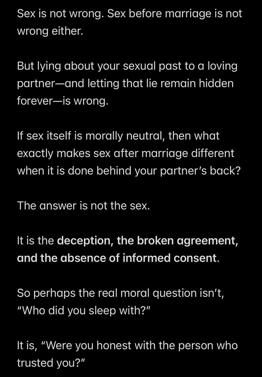 askenni's tweet photo. Sex is not wrong. Sex before marriage is not wrong either.

But lying about your sexual past to a loving partner—and letting that lie remain hidden forever—is wrong.

If sex itself is morally neutral, then what exactly makes sex after marriage different when it is done behind…. https://t.co/G67vyMig3h