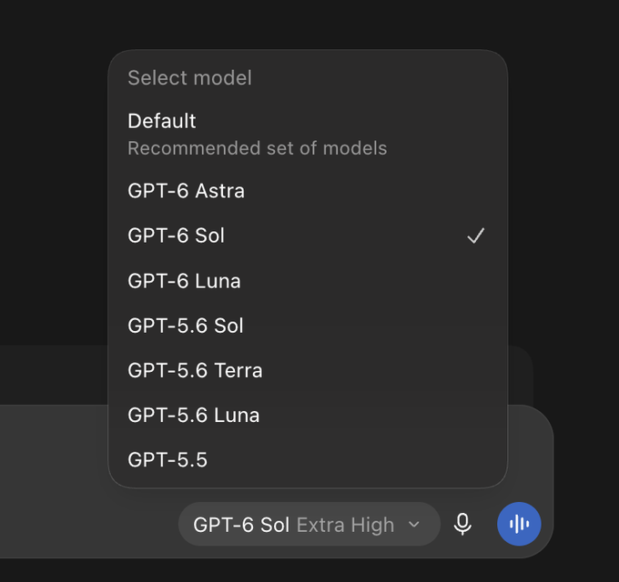 A model selector dropdown displays available AI models including GPT-6 Astra, GPT-6 Sol (currently selected), GPT-6 Luna, GPT-5.6 Sol, GPT-5.6 Terra, GPT-5.6 Luna, and GPT-5.5, with the chat set to "GPT-6 Sol Extra High." The image relates to the post by showing that no "Sol 6.1" or 6.1 variant appears in the model list, suggesting it is not available to the user.