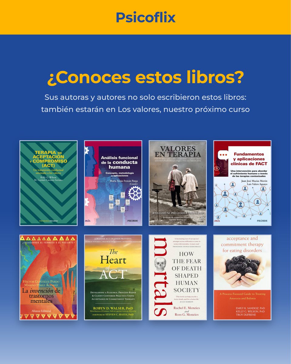 psicoflix's tweet photo. ¿Te suenan estos manuales? 

Sus autoras y autores son algunas de las máximas referencias en el campo de las terapias conductuales-contextuales, y tenemos el enorme privilegio de contar con varias de ellas en nuestro próximo curso sobre valores. https://t.co/2W7xAljl8T