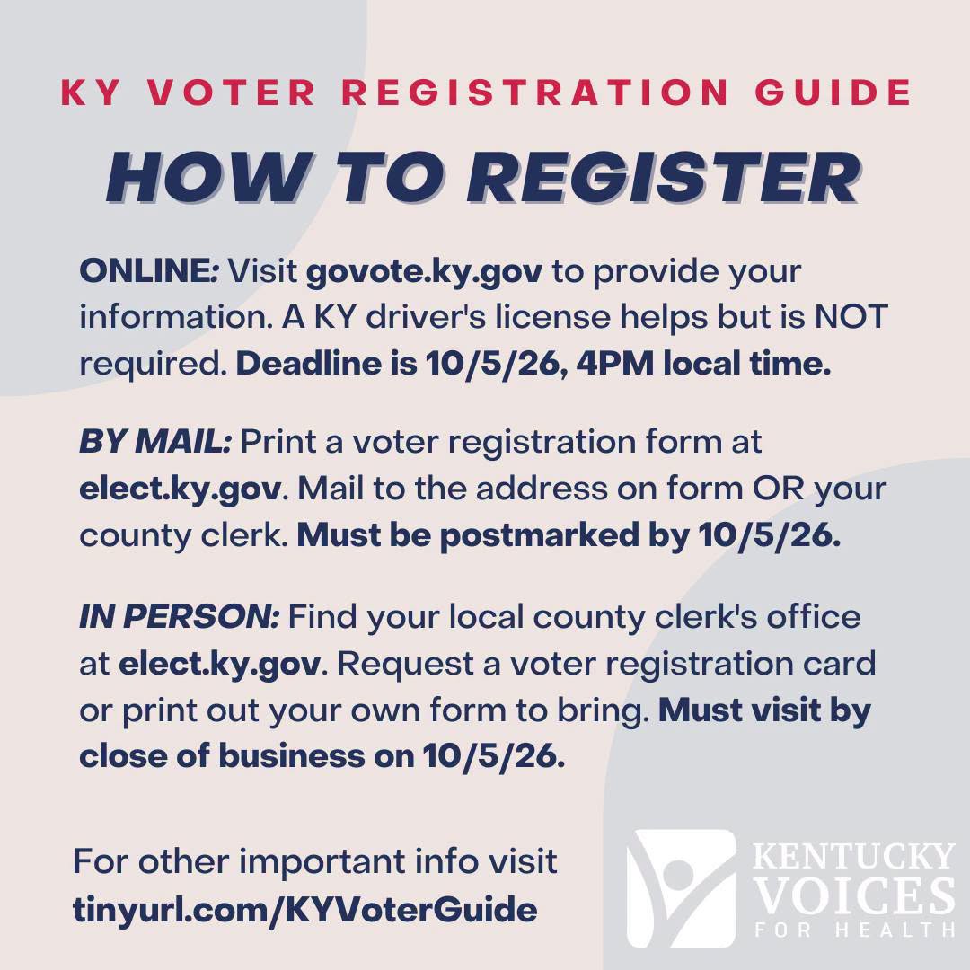 kyvoices4health's tweet photo. Your vote matters this midterm! Let's make sure everyone is registered and #VoteReady. Here are 3 ways to register in KY:
✔️ Online: https://t.co/0kSzIEJ5qj
✔️ By Mail: https://t.co/BNF2ADVmdx
✔️ In Person: https://t.co/EqiElw1hNY
#kyvoters4health #kyhealthcarevoter #govoteky https://t.co/ebpBoKXS7x