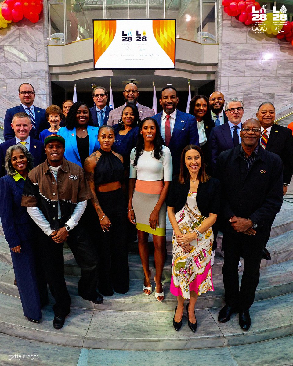 LA28's tweet photo. A warm welcome in Atlanta! 🔥 In 2028, the Olympic &amp; Paralympic Torch Relays are coming back to the U.S. and it all starts in Atlanta. This morning we celebrated the announcement live from ATL with our four Presenting Partners, members of LA28 and the athlete community. https://t.co/l2WuvN6APt