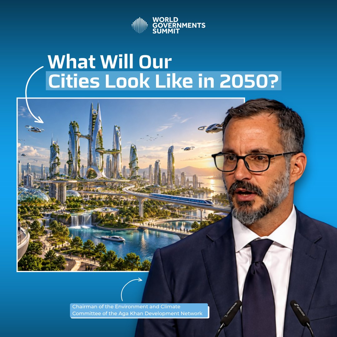 WorldGovSummit's tweet photo. What Will Our Cities Look Like in 2050?
 
With 8 in 10 people expected to live in cities, how we design and manage them will shape our future.

Prince Rahim Aga Khan, Chairman of @akdn @AKF_Global  explores how sustainable infrastructure, clean energy, public transport, and climate resilience can help build healthier cities.

Watch the full conversation. Link - https://t.co/4TGRFvLHBE