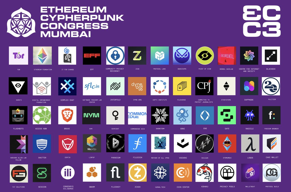 web3privacy's tweet photo. 60+ organisations shaping Cypherpunk Congress in Mumbai!

🌺 Digital rights focused from @SFLCin to @accessnow 
🌼 Privacy at scale from @torproject to @brave 
🍂 Big Tech alternatives from @fileverse to @session_app 
🌷 Internet censorship from @OpenObservatory to @MotherofallVPNs 
🍀 Decentralisation focused from @ethswarm to @dappnode 
🪴 Easy to use privacy from @nym to @cakewallet 

United in digital rights: https://t.co/CCUMdLlDOX