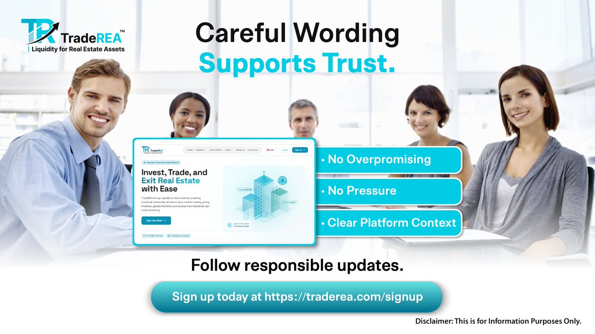 traderea_'s tweet photo. Careful wording supports trust.

TradeREA focuses on clear platform context, responsible updates, and educational communication without pressure or overpromising. In real estate technology, users should have the space to review information, understand details, and move forward with clarity.

Follow TradeREA for responsible platform updates.
Sign up today at: https://t.co/SNUsn5cldw