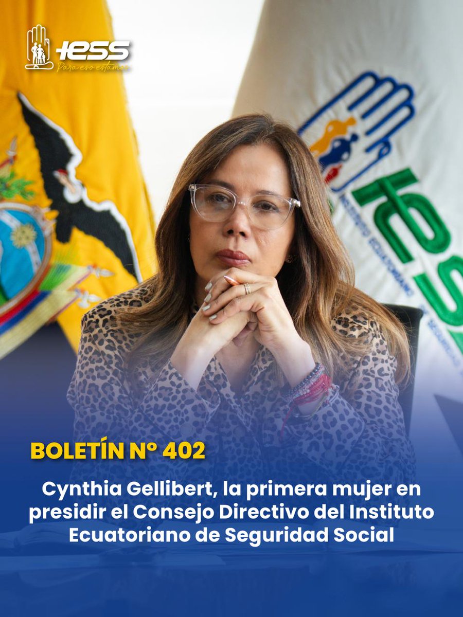 IESSec's tweet photo. #BoletínIESS | Por primera vez una mujer asume la Presidencia del Consejo Directivo del #IESS.

Mediante el Decreto 511, expedido el 28 de septiembre de 2026, el presidente @DanielNoboaOk designó a @CynthiaGelliber como la representante del Ejecutivo ante este organismo.

¡Liderazgo con determinación al servicio de los afiliados y jubilados!

#ParaEsoEstamos