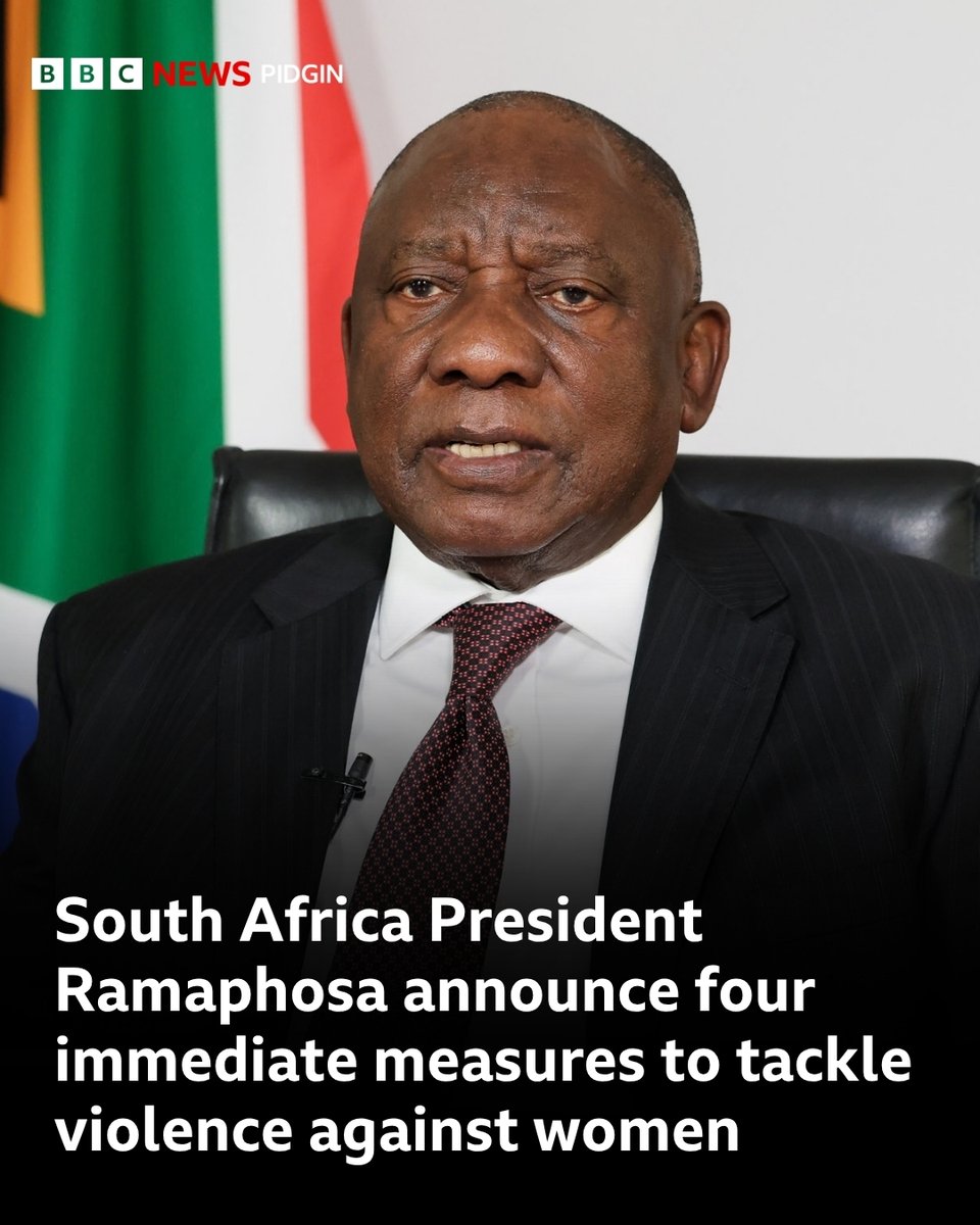 bbcnewspidgin's tweet photo. President Cyril Ramaphosa don announce four immediate measures to tackle violence against women.

Im announcement dey come afta police discova di deadi bodi of twelve women in and around Ekurhuleni, east of Johannesburg, within just two months.

Full tori: https://t.co/zfHCCzzZ9a https://t.co/VB9rvk7Vm3