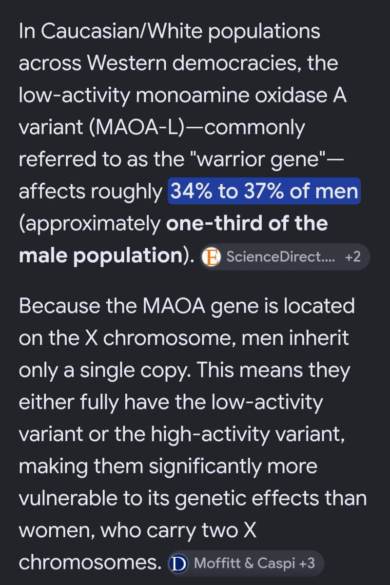 MankindVsModFem's tweet photo. You don't understand. If women can be found not guilty by reason of insanity for postpartum depression, then men can be found not guilty by reason of insanity for warrior gene polymorphism - hosted by the X chromosome, affecting 35% of men, predisposing them to violence. https://t.co/VnSe1C72xM