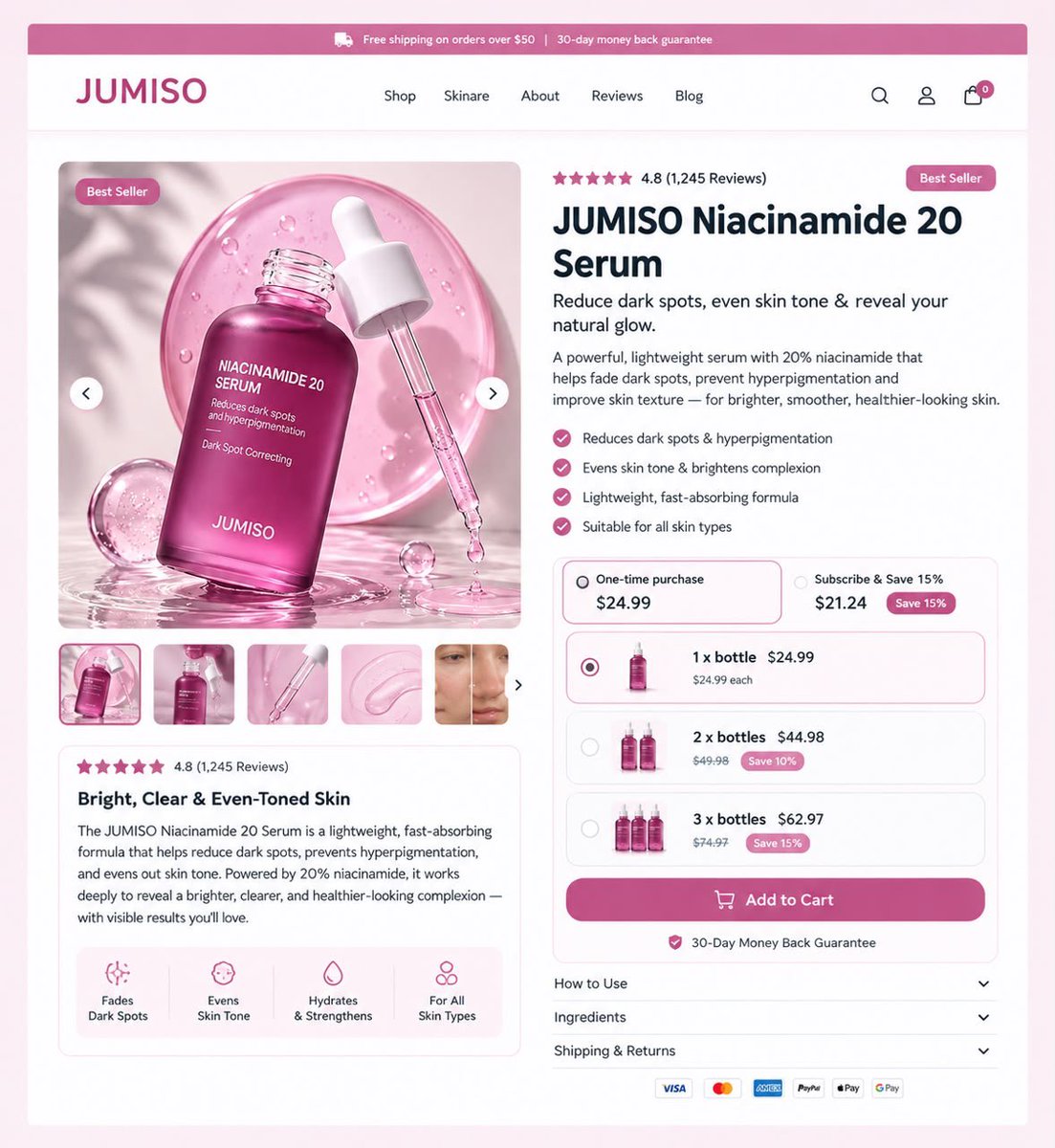 johntech778's tweet photo. Redesigned this product page for JUMISO to maximize Average Order Value (AOV). 🌸
 
The trick? The "3 x bottles" bundle. It's positioned as the best value and saves the customer 15% while increasing the cart value.
 
Plus, the 30-day money-back guarantee at the top removes all risk.
 
Great design isn't just about aesthetics. It's about math. 📈
 
Want a page that makes people buy more?
DM me "PAGE" to get started. 🚀

👉 https://t.co/hY6w6sCsL6

#ecommerce #webdesign #CRO #Shopify #UXUI #skincare #beauty #marketing #DTC