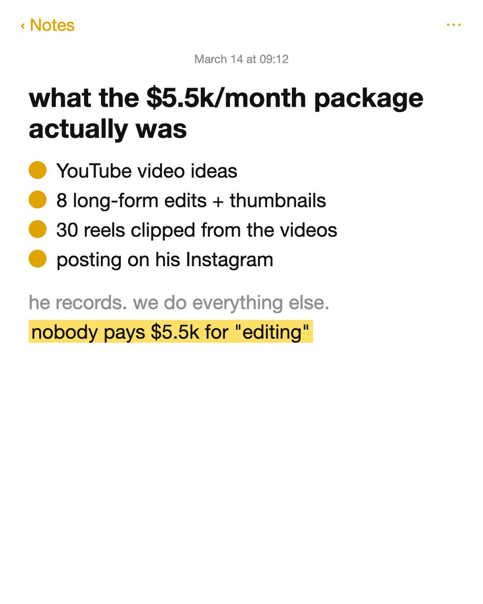 thebenbranding_'s tweet photo. most editors charge $20 per reel.

one of my clients paid $5.5k/month for 8 YouTube videos + 30 reels.

take out $250 per YouTube video and the reels come out at $116 each.

they were simple. text, captions, a few zooms.

I didn't sell editing. I sold the whole content package. https://t.co/crngVME0MS