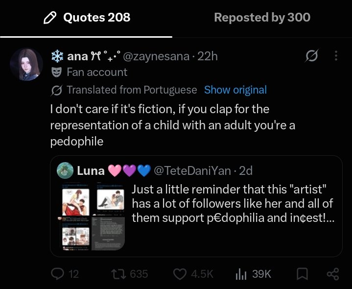 Caleb_inventory's tweet photo. The fact that ignorant posts like this has so many likes but not posts that are being sensible about fictional media is incredibly disturbing to me. Fandom spaces are truly ruined and I fear we can't go back to how it was before when everyone knew to block and ignore. 

No. Ur not a pedophile for drawing something. Ur a pedophile if irl you have an attraction towards living breathing children. Bcs of this logic, actually predators are really just getting away bcs y'all are so focused on fiction instead of real kids.