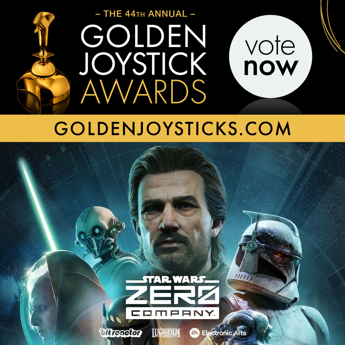 EAStarWars's tweet photo. STAR WARS Zero Company is honored to be nominated for TWO Golden Joystick Awards:

PC Game of the Year
Best Supporting Performer (Vic Michaelis as Runa Blask)

Calling on all operators for support! Vote NOW through October 23: https://t.co/hCwIZTWTIJ  

#GoldenJoystickAwards #SWZeroCo