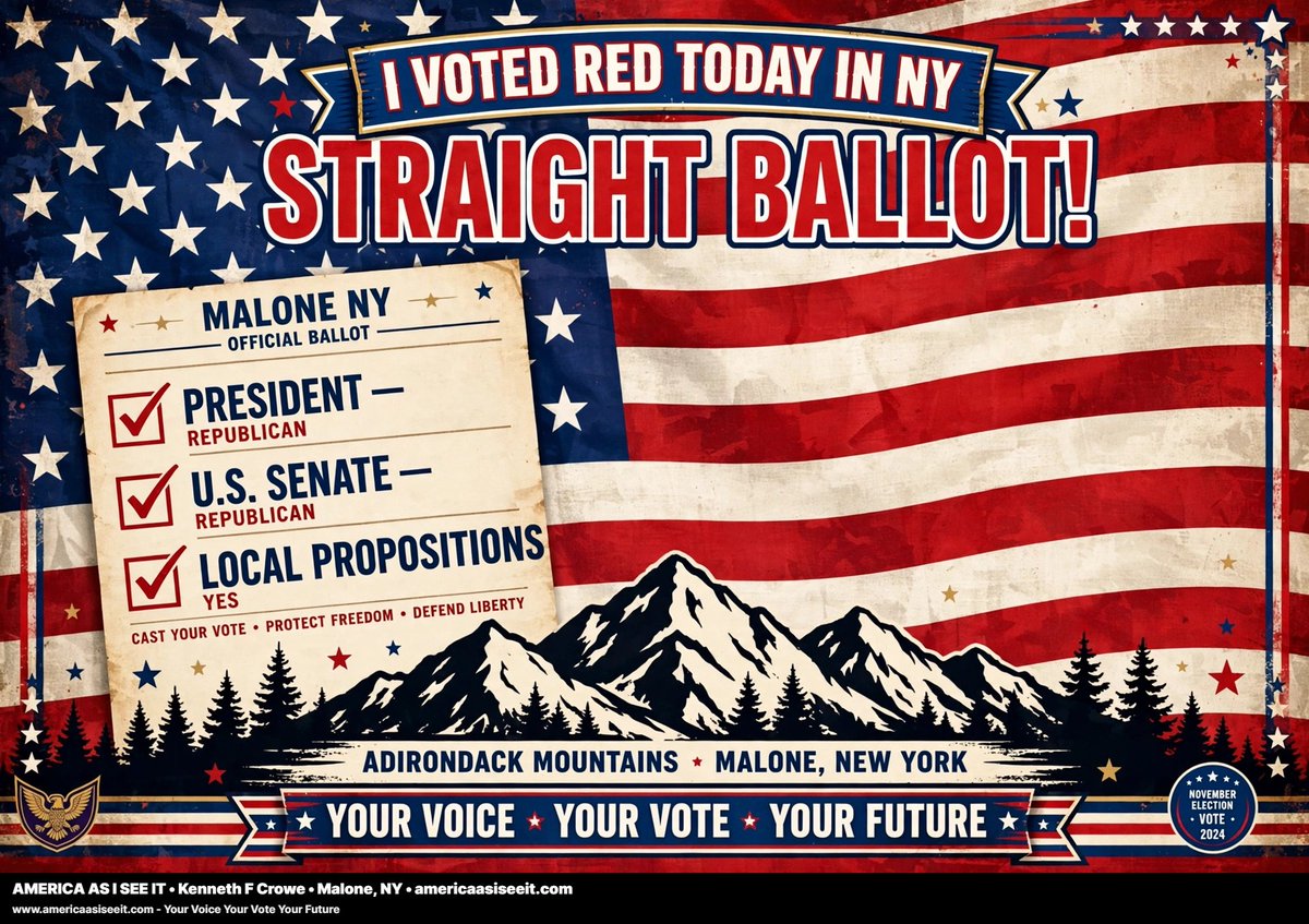 KennethFCrowe1's tweet photo. I VOTED RED TODAY IN NY — STRAIGHT BALLOT!

By Kenneth F Crowe
AMERICA AS I SEE IT
Malone, NY
I voted red today in NY — straight ballot!
Got up this morning here in Malone, NY, in the Adirondack foothills, drove to the polls, and filled in that ballot red all the way down.

President — Republican. U.S. Senate — Republican. Local propositions — YES for freedom.

Straight ballot. No games. No splitting. Straight red.

Why? Because I believe in One Flag, One Constitution, One Nation Under God. I believe in secure borders, lower gas prices, backing the blue, protecting our farms, protecting our kids, and letting the North Country live the way we always have.

New York City may vote one way, but up here in Malone we vote our values — faith, family, freedom, and hard work.

Your Voice. Your Vote. Your Future. That's what it says on this picture, and that's the truth.

I did my part today. Now it's your turn. If you haven't voted, get out there. If you have, stand tall — you showed up for America.

Good Morning from Malone, NY — I VOTED RED TODAY — STRAIGHT BALLOT!

AMERICA AS I SEE IT
Kenneth F Crowe
Malone, NY
https://t.co/IshPrWpyC9

My books: https://t.co/UwypYAU0vn