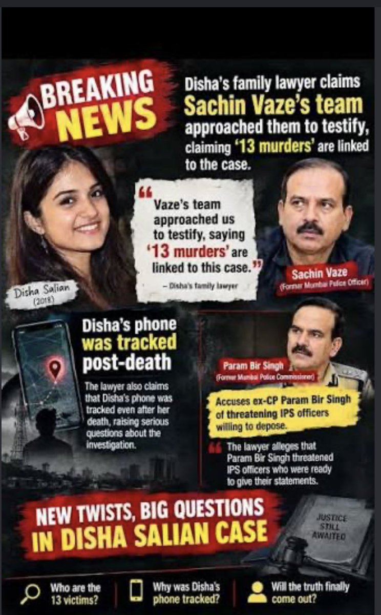PIYALIBH's tweet photo. What an irony! Sachin Waze, who has been in jail in the Antilia case, gets bail TODAY — just when Disha Salian’s father’s lawyer has claimed that Waze is an eyewitness who could expose what he allegedly witnessed.

Who is ringing the bell behind the scenes? Why this timing? Is this merely a coincidence, or is there something more that demands scrutiny?

NIA, CBI, the nation is watching……!

#JusticeForDishaSSR 
#SachinWaje