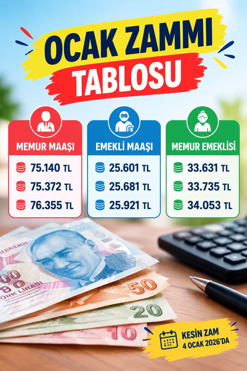 KamubizHaber's tweet photo. 🚨 MEMUR MAAŞI 76 BİN TL, EMEKLİ MAAŞI 25 BİN TL OLUYOR!

💰 EN DÜŞÜK EMEKLİ AYLIĞI
• %28 enflasyon → 25.601 TL
• %28,4 → 25.681 TL
• %29,6 → 25.921 TL

💰 EN DÜŞÜK MEMUR MAAŞI
• %28 → 75.140 TL
• %28,4 → 75.372 TL
• %29,6 → 76.355 TL https://t.co/Sni07bcLZc