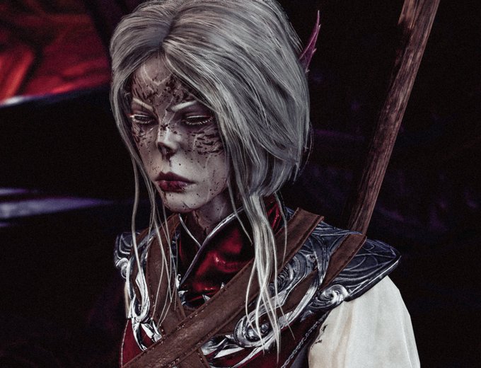 A pale, githyanki elf-like character with long silver hair and pointed ears stands with eyes closed, her face and armor smeared with dark blood spatter, evoking a sinister aftermath. The grim, battle-stained appearance perfectly matches the caption's declaration of crafting an evil githyanki "durge" character, as her bloody visage suggests a freshly committed violent act.