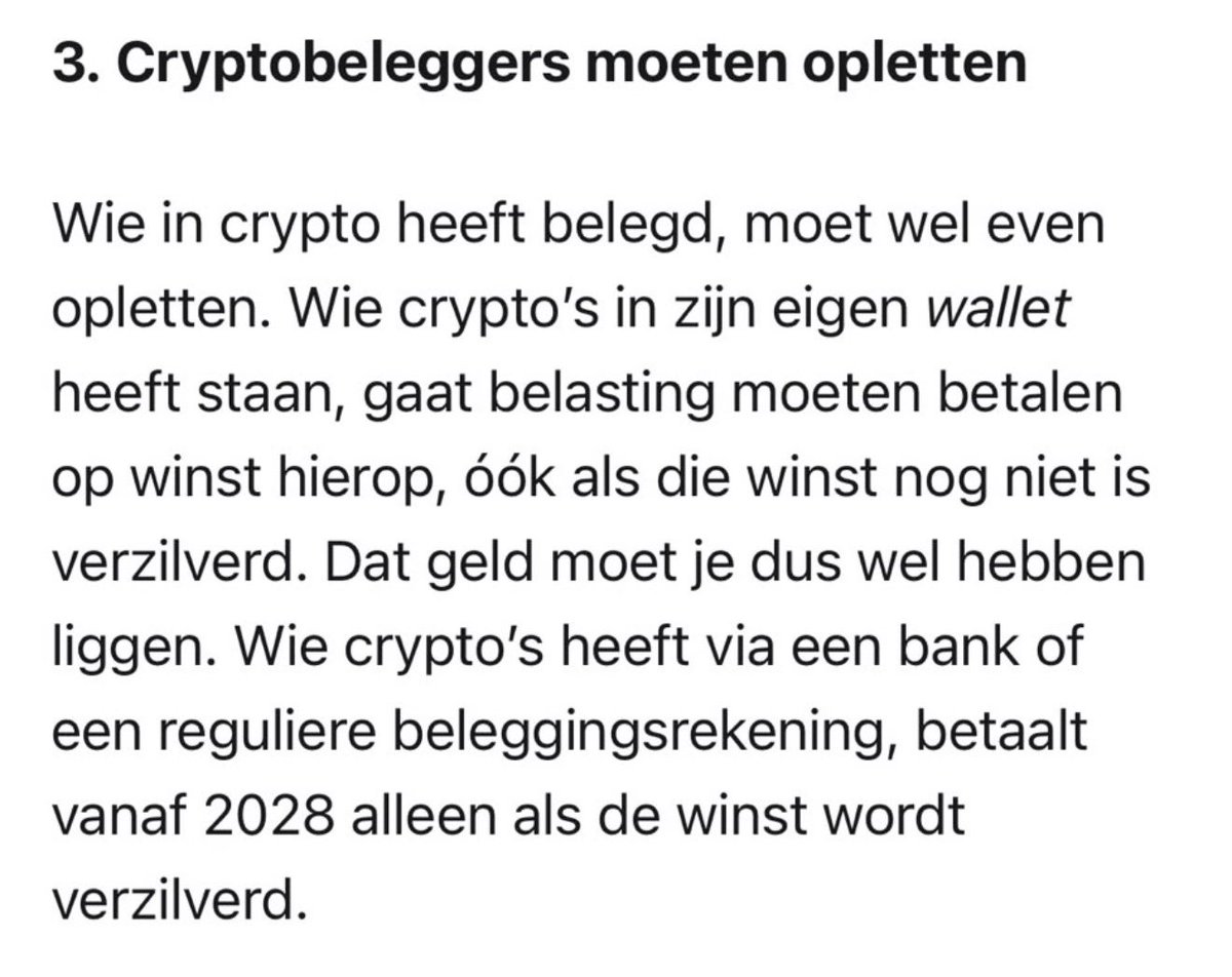 MadelonVos__'s tweet photo. Wel bizar hoor: vermogensaanwasbelasting werd aangedragen als de énige mogelijkheid, omdat vermogenswinstbelasting voor de systemen van de fiscus veel te ingewikkeld was.

Nu blijkt: vermogenswinstbelasting kan ineens toch wel vanaf 2028 (en raakt iedereen met +/-10k aan beleggingen), maaaaar niet voor bitcoin en cryptobezitters met vermogen op een Ledger.

Zij worden ieder jaar gestraft in de vorm van vermogensaanwas belasting. Bewaar je het bij een bank dan geldt vermogenswinstbelasting. Wat een gelulhannes!

Kan iemand mij vertellen waarom @Minister_FIN dit in vredesnaam geaccordeerd heeft?!