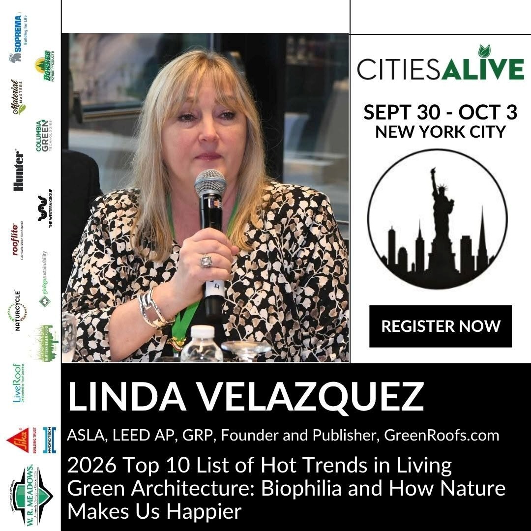 greenroofs's tweet photo. Join Linda live at her upcoming 2026 Top 10 List presentation at CitiesAlive in NYC 9/30-10/2/26, where she'll present on Friday, 10/2 at 10:45am
#architecture #greeninfrastructure #greenroofs #greenwalls #landscapearchitecture  #stormwatermanagement
https://t.co/XzPXtYTkJc https://t.co/AaXdKm1qef