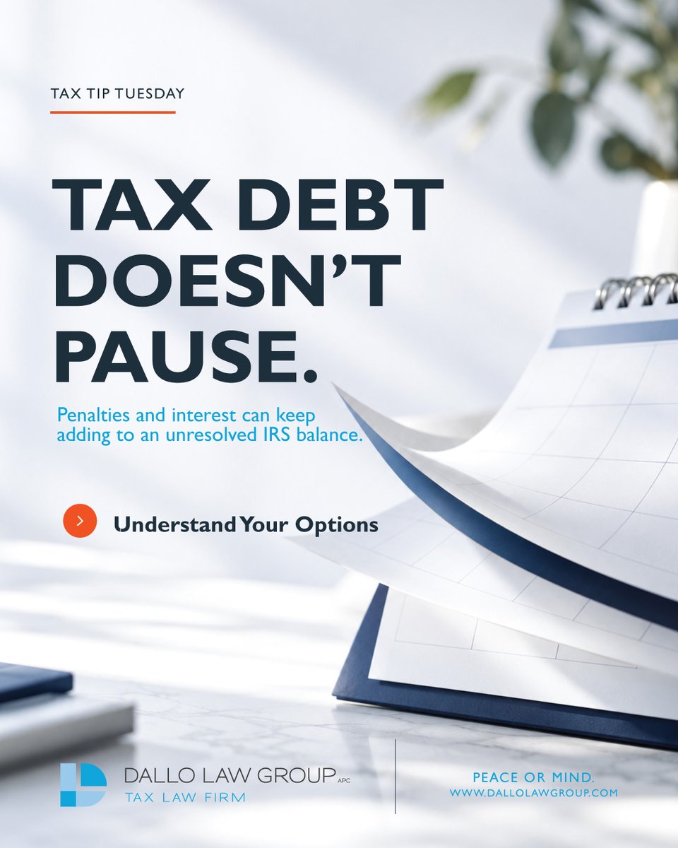 DalloLawGroup's tweet photo. Owe the IRS? Waiting can cost you.
Penalties and interest may keep adding up, but resolution options may be available.
Learn more: https://t.co/RX3i6AMMXR
#TaxTipTuesday #IRSDebt https://t.co/8g2dg1etJZ