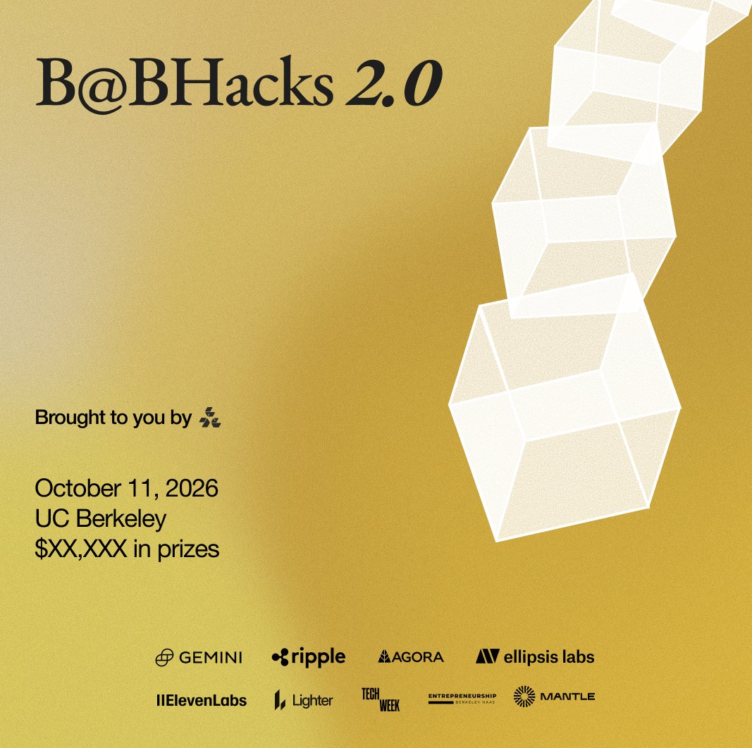 CalBlockchain's tweet photo. We are beyond excited to announce B@BHacks 2.0! 

This year we are joined by companies shaping the frontier, including @Lighter_xyz @Gemini @ElevenLabs @withAUSD @Ripple @ellipsis_labs @Techweek_ @Mantle_Official and more

> October 11th @ UC Berkeley
> $10k+ cash in prizes
> Top 1% of hackers

Registrations are open below. Don't miss out 👇