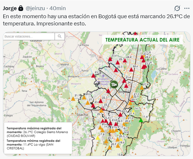AndrsTrece's tweet photo. Les pongo este pantallazo porque es importante que sepan que hoy algunas zonas viven uno de los días más calientes en la historia de Bogotá.
En 2017 se registró el día más caliente en la ciudad 25°C.
Ojo a ese dato, que tiene variaciones por microclima, pero lo que esta pasando en la ciudad amerita acciones concretas.