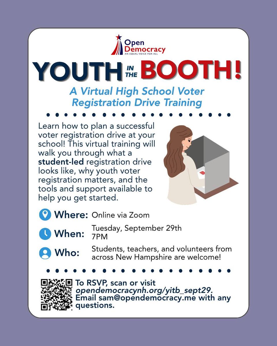 OpenDemocracyNH's tweet photo. TONIGHT at 7 PM! 🗳️ Want to help get high schoolers in your NH community registered to vote this fall? 📣
👉 RSVP: https://t.co/JTNtNtEFHV
#OpenDemocracyNH #NewHampshire #NH #NHPolitics #StudentVoter #YouthVote #RunADrive https://t.co/Xm3lIc5ftC