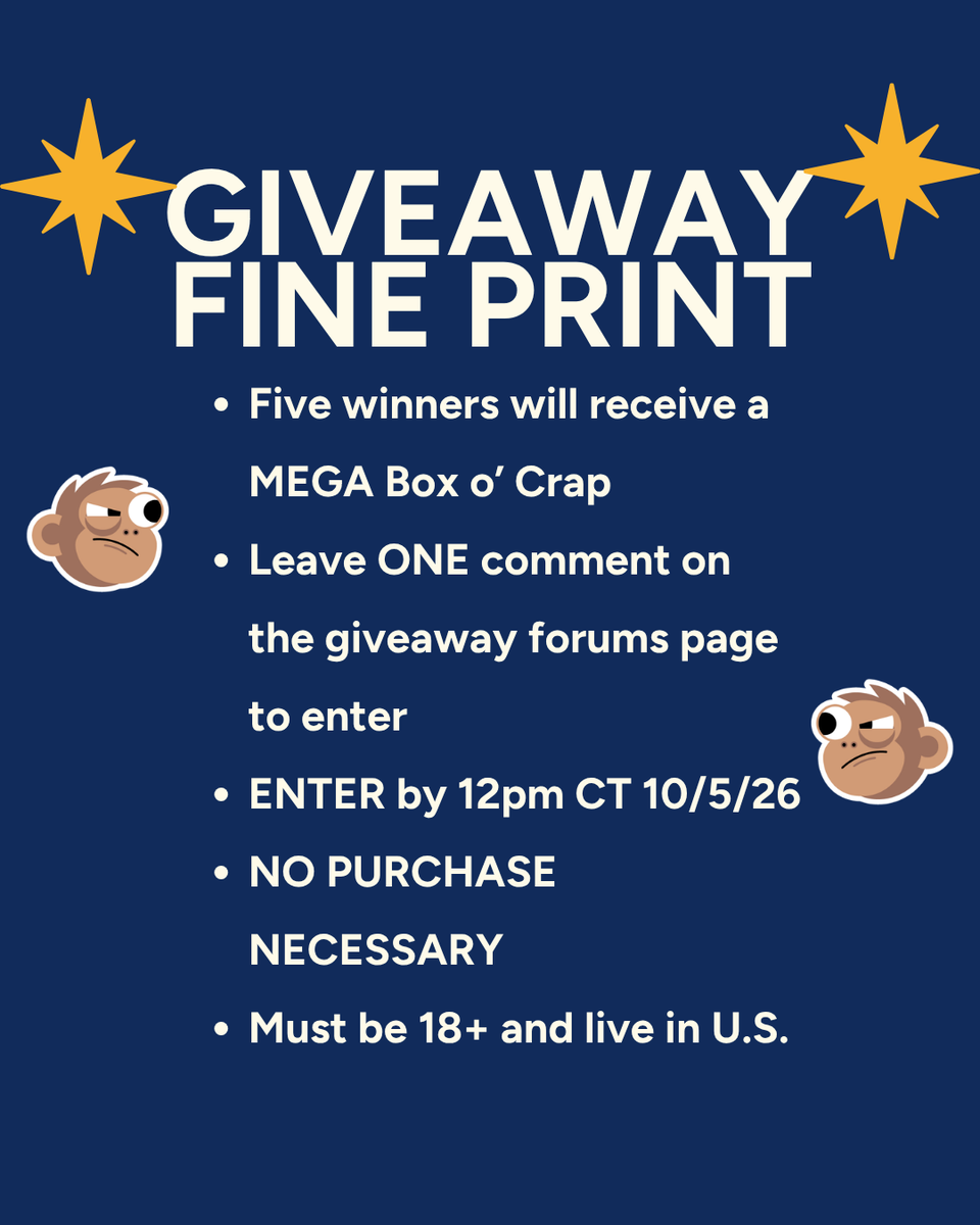 woot's tweet photo. This week, we're giving five people the chance to win a MEGA Box o' Crap! 💩📦

To enter go to https://t.co/zRxG2Oa1Yw for instructions. Ends 12pm CT 10/5. NO PURCHASE NECESSARY. U.S. residents only. 18+. https://t.co/70shQHR6BF