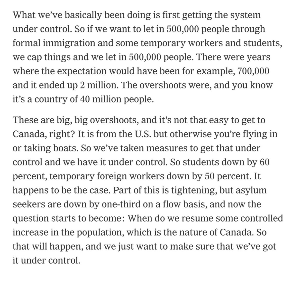 valdombre's tweet photo. PM Carney says in an interview with New York Times that his government will resume growing the population through mass immigration because that is "the nature of Canada".

"So that will happen, and we just want to make sure that we’ve got it under control." https://t.co/gF4sY16HdT