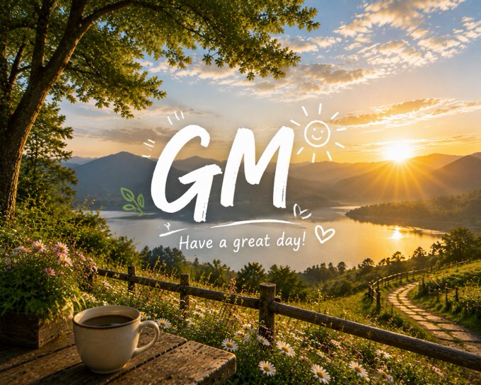 A 'GM - Have a great day!' greeting graphic with a sun illustration, set against a scenic background of a lake, mountains, and a sunset, with a coffee cup in the foreground.