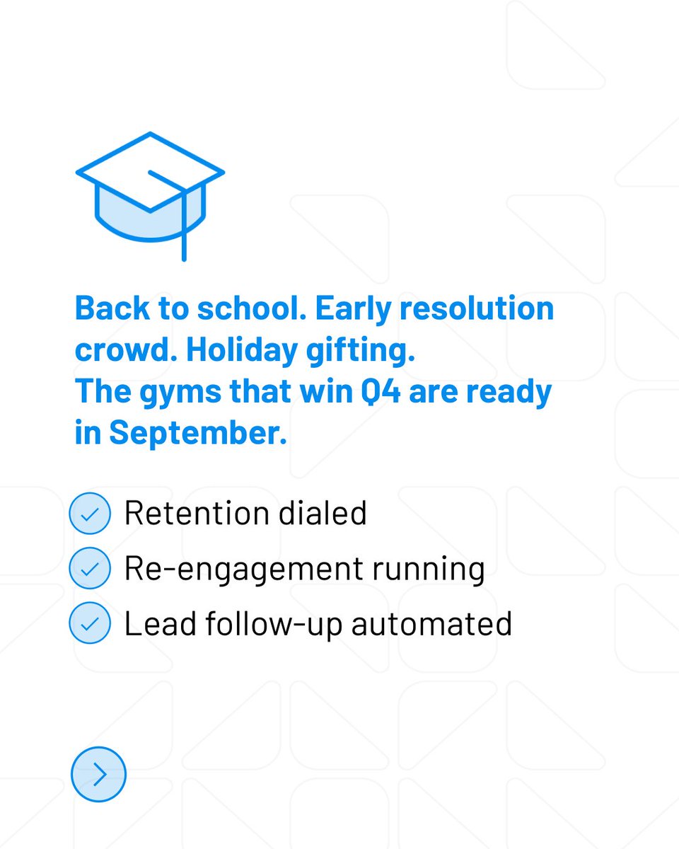 exercise's tweet photo. Q4 is the most important quarter in fitness.

The gyms that win it are ready in September, not October.

Retention dialed. Re-engagement running. Lead follow-up automated.

Book a demo: https://t.co/7EPrnjWTr3

#GymOwner #FitnessBusiness #GymGrowth #DaxkoExercise #MemberRetention https://t.co/KD5ch0zHQT