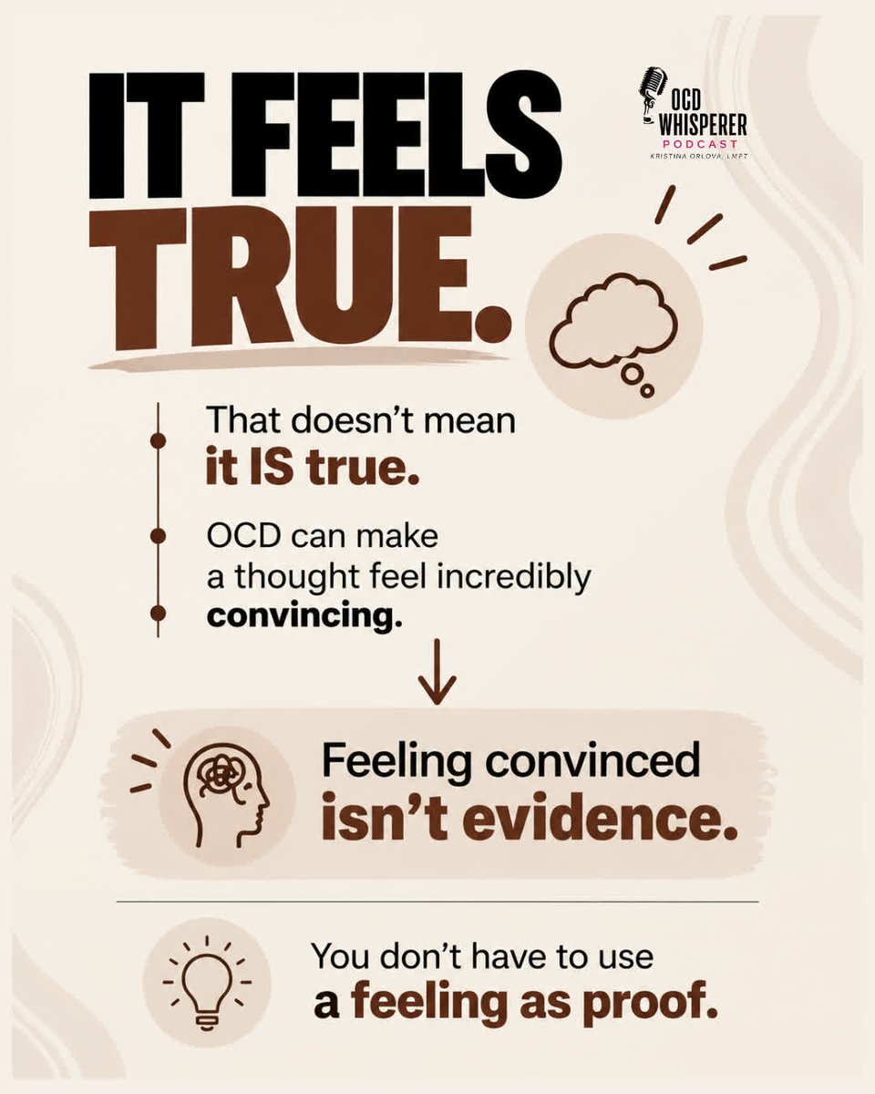 korresults's tweet photo. It feels true. That can be one of OCD's most convincing tricks.
A thought ca... https://t.co/tXW8otlzsY
#OCD #OCDRecovery #IntrusiveThoughts #OCDThoughts #Anxiety #ERP #MentalHealth #OCDAwareness #ObsessiveCompulsiveDisorder #OCDTherapy #OCDSupport #OCDWhisperer #ocdwhisperer https://t.co/a5EYKD8gVo