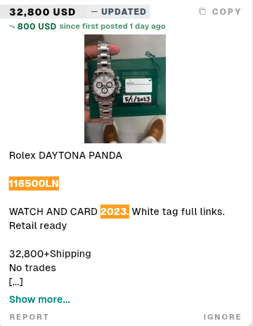 AuctionTP's tweet photo. BIDDING CLOSED AT $28,600 FOR THE ROLEX DAYTONA "PANDA"

Current market price for a 2023 Full Set Rolex Daytona sits at $32,000-$34,000 in the current market. 

Thank you to all participants and congratulations to the Buyer & Seller!

Check out the other live listings right now!
https://t.co/CUoJ3wqZcY
