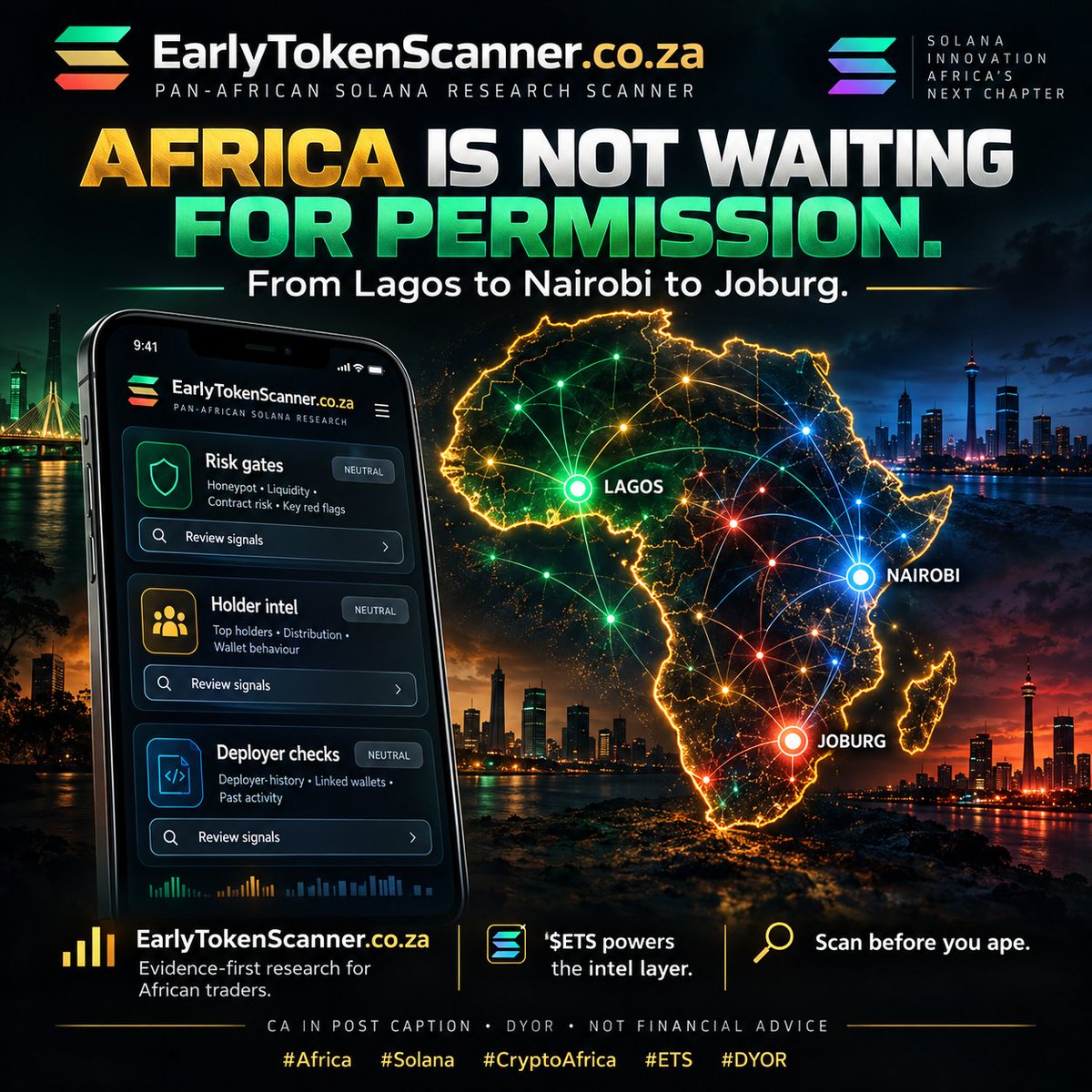 EarlyTokenSc's tweet photo. Africa is not waiting for permission. 🌍
From Lagos to Nairobi to Joburg, Solana adoption is exploding.

https://t.co/ANrkEp3pJC is the evidence-first scanner for African traders.
$ETS powers the intel layer.

CA: AGE4bvuvx1eongh3fL63N6HF2NgDfo5ZaBU5zaifpump
Scan before you ape.
#Africa #Solana #CryptoAfrica ETS #DYOR
Not financial advice.