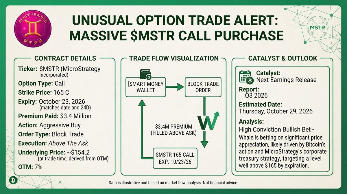 🟠 $MSTR Print #43 — $3.4M Oct 23 $165 calls, 7% OTM, above ask. Biggest since the TSM LEAPS. Red-penned 🧵

✅ MATH: (165−154.2)/154.2 = 7.00% ✓
⚠️ BUT: card ad