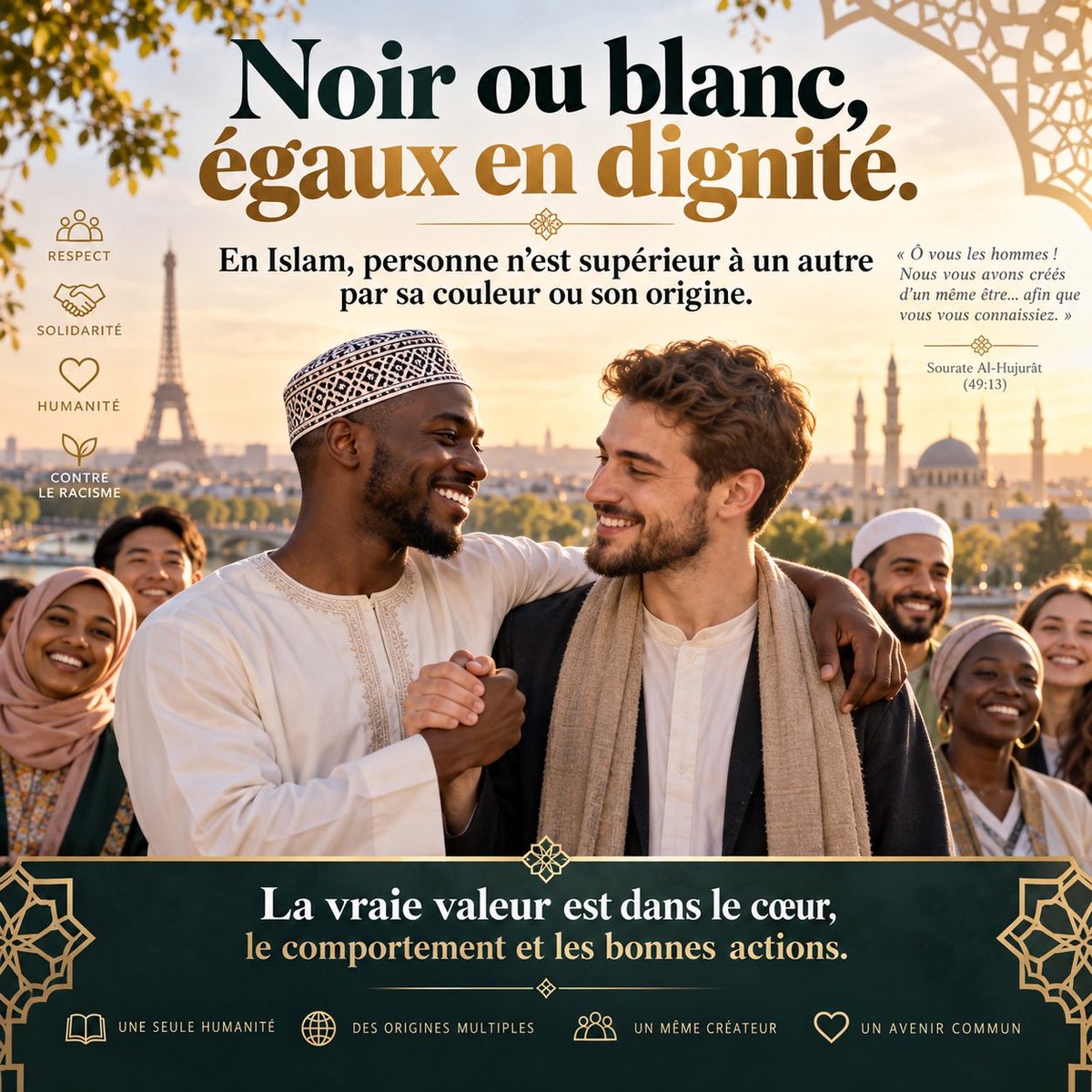 h4nfd's tweet photo. En Islam, un homme noir et un homme blanc ont la même dignité devant Allah.

La couleur de peau, l’origine ou la nationalité ne rendent personne supérieur à un autre. Face au racisme et à la discrimination, l’Islam rappelle une vérité simple : nous sommes tous des êtres humains, et chacun mérite respect, justice et dignité.

La véritable valeur d’une personne se trouve dans son cœur, son comportement et ses bonnes actions.

#Antiracisme #NonAuRacisme #Égalité #Respect #Dignité #Justice #Humanité #Fraternité #VivreEnsemble #Islam