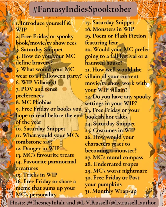 Fantasy Indies Oct prompts @ChesneyInfalt @LydiaVRussell
1. Intro self & WIP
2. Free Friday or spooky book/movie recs
3. Saturday Snippet
4. How do you/your MC define bravery
5. What would your MC wear to a Halloween party
6. Villain
7. POV & tense preferences
8. Phobias
9. FF or books you hope to read before the end of the year
10. SS
11. What would your MC’s tombstone say
12. Danger
13. MC’s favorite treats
14. Favorite paranormal creatures
15. Tricks
16. FF or share a meme that sums up your MC’s personality
17. SS
18. Monsters
19. Poem or Flash Fiction feat. fear
20. Would your MC prefer going to a fall festival or a haunted house
21. How well would the villain of your current movie/tv show work with your WIP villain
22. Do you have spooky settings in your WIP
23. FF or your bookish hot takes
24. SS
25. Costumes
26. How would your characters react to becoming a monster
27. MC’s moral compass
28. Underrated tropes
29. MC's nightmare
30. FF or Post your pumpkins
31. Monthly Wrap-up