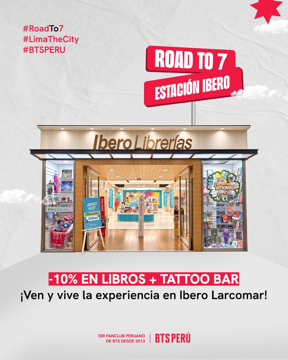 bts_peru1's tweet photo. 📚 ¡Ibero se suma a ROAD TO 7! 💜

Y con libros que ya conocemos por BTS 👀
El Principio, La metamorfosis, Tokio Blues, Beyond the Story...

🏷️ Usa el código ROAD TO 7 y obtén 10% de descuento en libros seleccionados, del 29 de septiembre al 8 de octubre. No acumulable con otras promociones.

✨Además, quienes utilicen el código podrán disfrutar del Tattoo y Glitter Bar. el cual estará disponible el 9 y 10 de octubre, desde las 10 a. m.

📸 Y hasta el 10 de octubre, también podrás pasar por el Photo Oportunity y llevarte una foto de recuerdo.

📍 Disponible Ibero Larcomar 

Ven con tu ARMY favorita 🫶

#RoadTo7 #LimaTheCity #BTSPERU