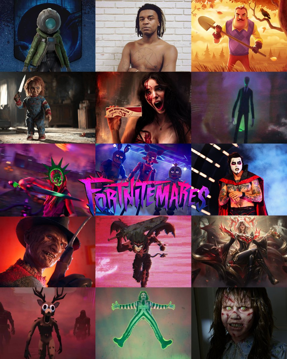 Jorge_Most's tweet photo. FORTNITEMARES 2026:

- FNAF
- Black Clover 
- Freddy Kruger 
- La Purga
- Slender Man 
- Beetlejuice 
- League Of Legends (Ahri ya confirmada por archivos)
- Obsession 
- Hello Neighbor (en desarrollo, no confirmado para este octubre)

- Chucky, no confirmado, pero filtraciones de archivos de Rocket League apuntan a que llegará.
- 99 nights in the forest.
- Ken Carson.
- Danhausen, no confirmado, pero su tweet apunta a ello.
- End of Abyss.
- El Exorcista.

🎃 Epic todavía no lo ha mostrado todo.
