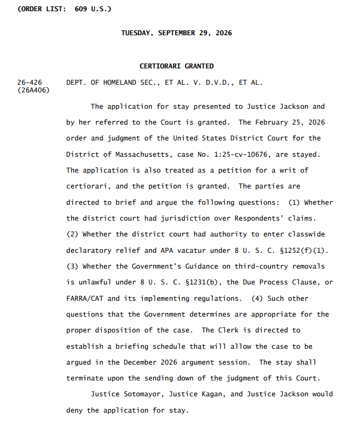 ReichlinMelnick's tweet photo. NEW: The Supreme Court, in a 6-3 unreasoned order, grants a stay in the D.V.D. litigation, authorizing the Trump admin to resume third country removals without any notice to people being sent to countries they've never been to.

The Court also agrees to hear the case in December. https://t.co/UrjZl1b4Ja