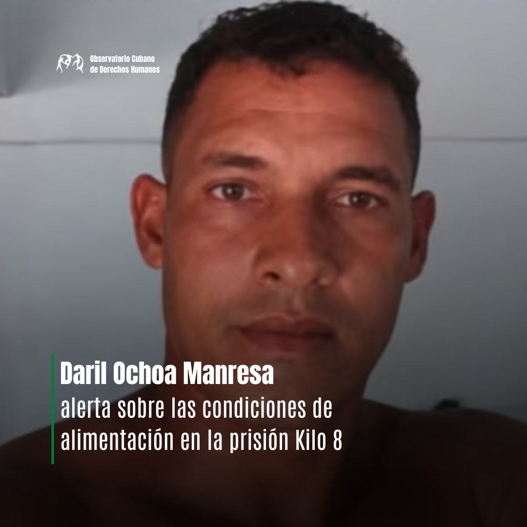 observacuba's tweet photo. Una nueva denuncia vuelve a poner de relieve las deficiencias en la alimentación dentro de la cárcel Kilo 8, en Camagüey. 

Según relató Marisel Manresa Viltres, madre del preso político Daril Ochoa Manresa, a Martí Noticias, recientemente recibió una ración de comida con presencia de gusanos y, pese a informar de la situación a las autoridades penitenciarias, no obtuvo respuesta.

Daril permanece encarcelado desde el 7 de diciembre de 2024, se encuentra bajo prisión provisional y está acusado del presunto delito de sabotaje. Desde su encarcelamiento ha alertado en distintas ocasiones sobre la situación que enfrenta dentro del penal.

El OCDH exige que las autoridades garanticen condiciones de reclusión compatibles con la dignidad humana y respeten plenamente su integridad y sus derechos.
