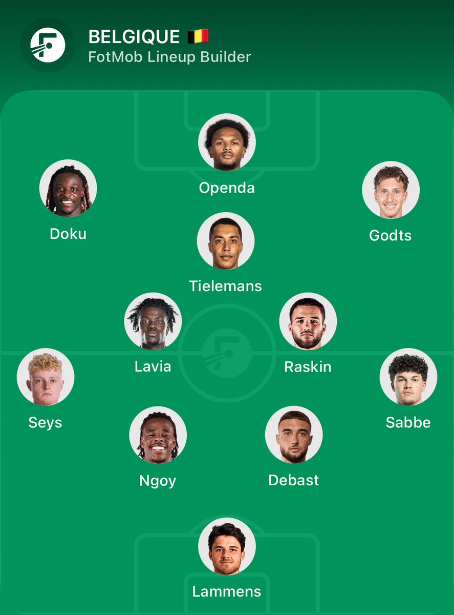 LaPoireTOP's tweet photo. Je pense que c’est notre meilleur compo possible à l’heure actuelle. 

Doku et Godts ailiers libres pouvant se déplacer un peu partout sur le terrain. 

Tielemans en 10 car je l’aime plus en 8 et je le trouve plus fort ici.

Lavia / Raskin pour + de sécurité.

Openda on a que ça. https://t.co/RnnqVBubYV