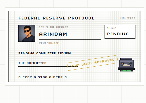 ExeArindam's tweet photo. Applied for a printer on the Federal Reserve. Application #5488.

Dual mandate: maximum brrr, stable memes. https://t.co/UPfKZbD6uG https://t.co/DNCtlX8ooP