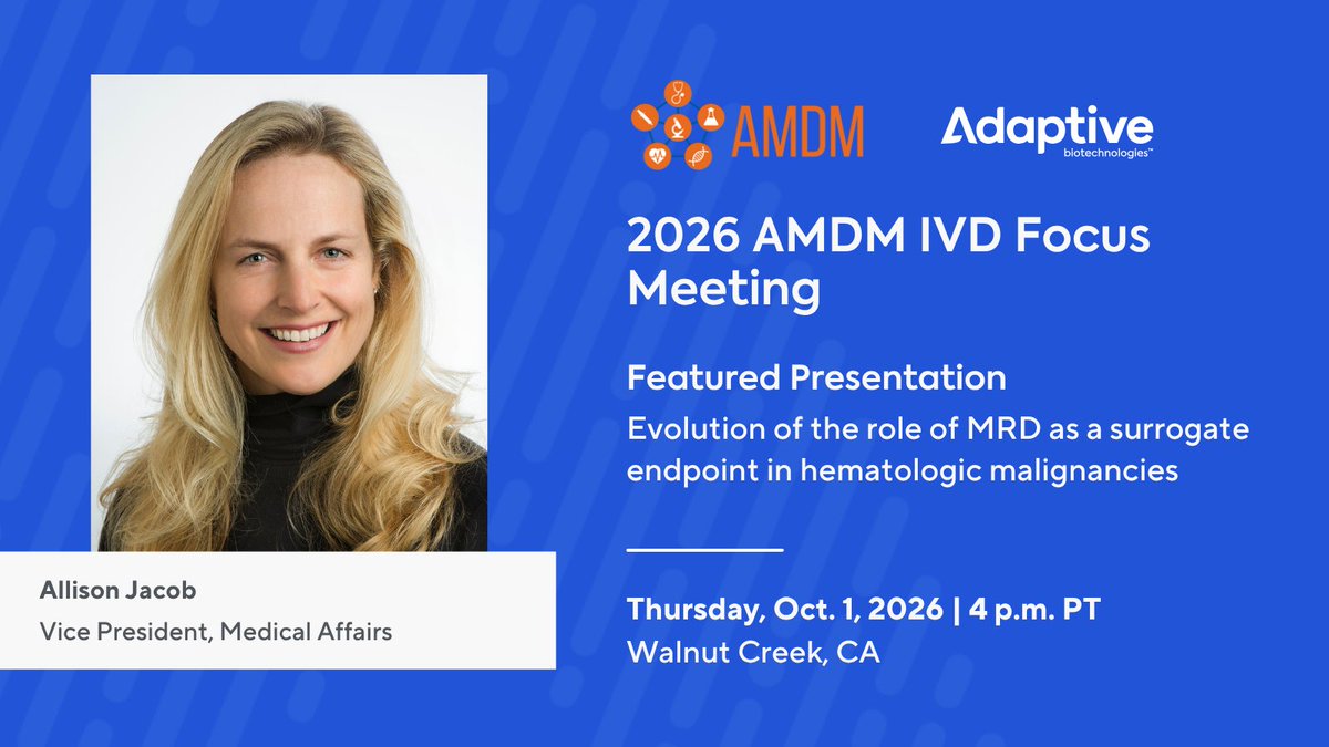 AdaptiveBiotech's tweet photo. Attending the AMDM IVD Focus Meeting? Don’t miss Adaptive’s Allison Jacob during her featured presentation on the role of MRD in hematologic malignancies this Thursday, 10/1.
https://t.co/uukhbTAabr https://t.co/FnQ35qJQDh