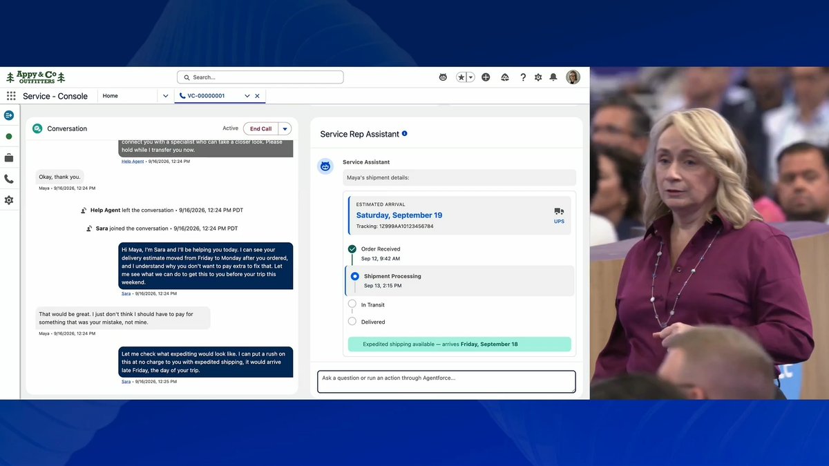 A split-screen showing a customer service software interface with a conversation between 'Sara' and 'Maya' about a UPS shipment arriving September 19, alongside a photo of a blonde woman in a purple shirt.