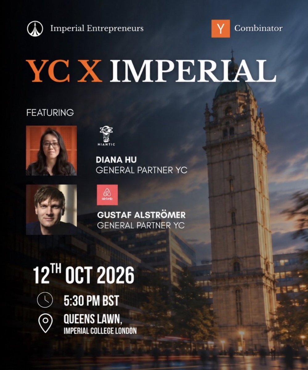 ryaansultan's tweet photo. YC × IMPERIAL

Excited to be hosting Y Combinator at Imperial for a candid conversation about startups, building at the frontier and what YC looks for in founders https://t.co/WP6V4gTH1e