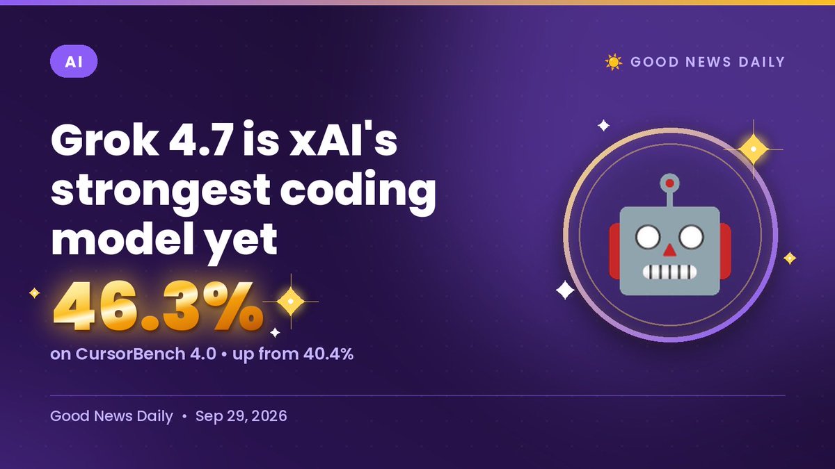 GoodNewsDailySW's tweet photo. 💭 Grok is my favorite to use!

🤖 Grok 4.7 just leveled up coding

Hits 46.3% on CursorBench 4.0 (up from 40.4%). Same $2/$6 price. 

Coding smarter?

https://t.co/CZj9Esknm7 https://t.co/2RCX2N7ipl